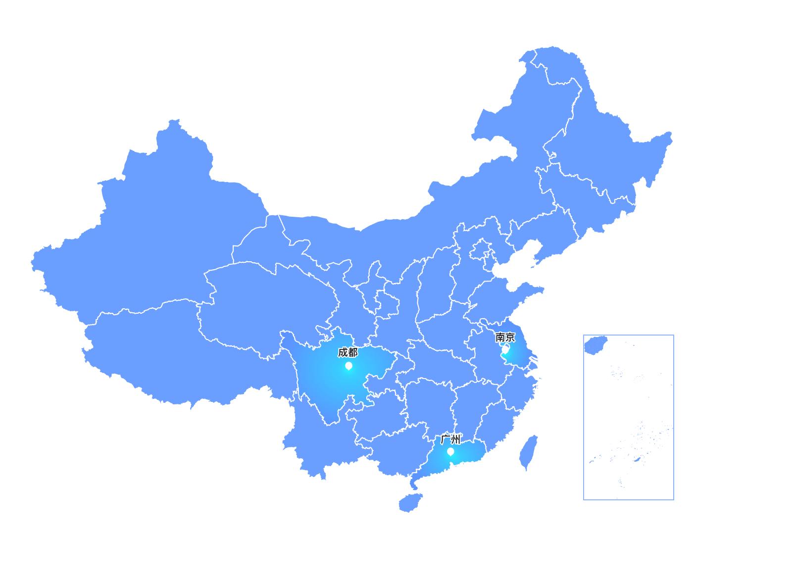 赢商股份全国布局 · 中国地图（成都 / 南京 / 广州 3 研发中心）