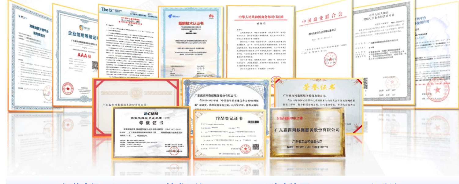 赢商股份权威资质与荣誉证书墙