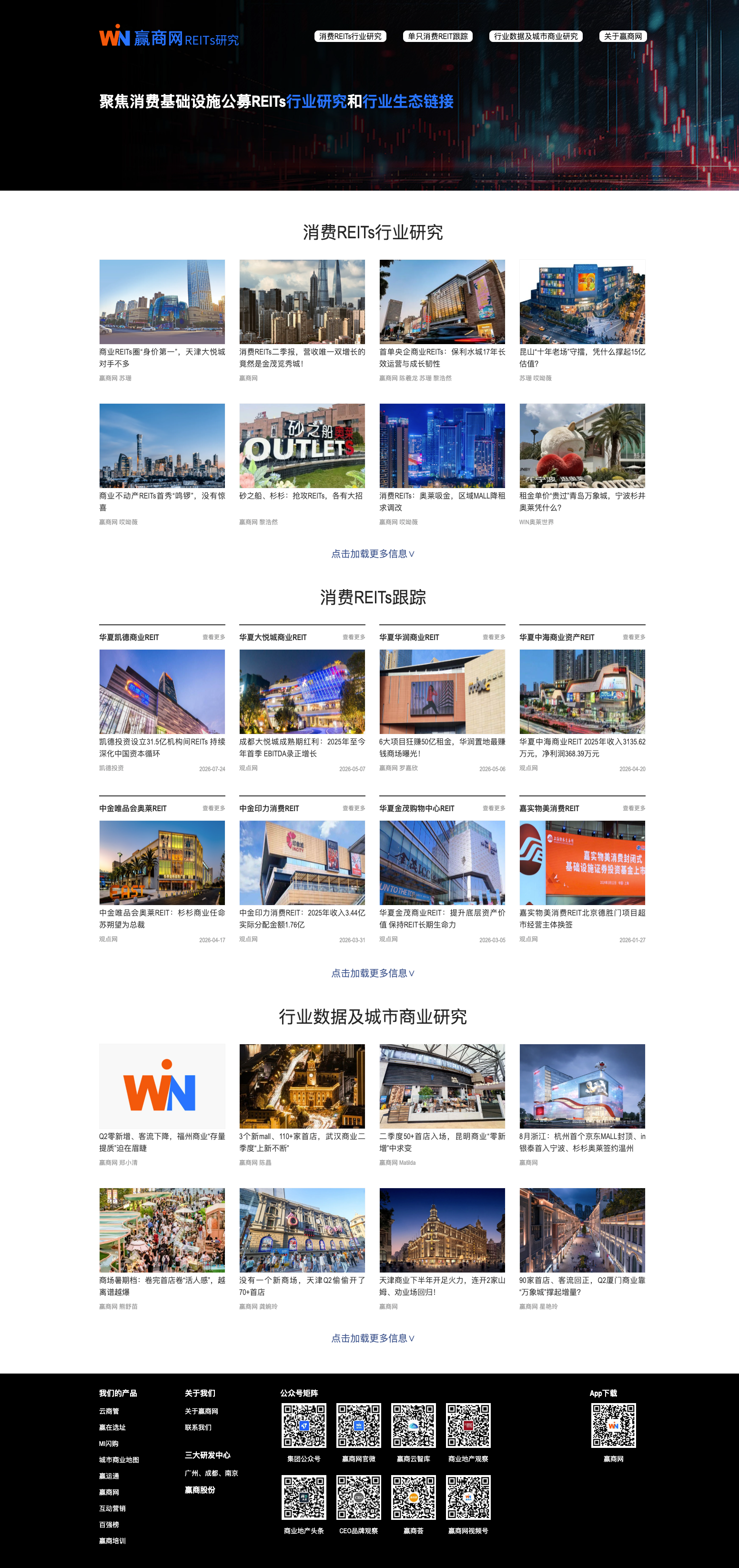 赢商REITs研究专题栏目真实截图，包含文章列表及缩略图